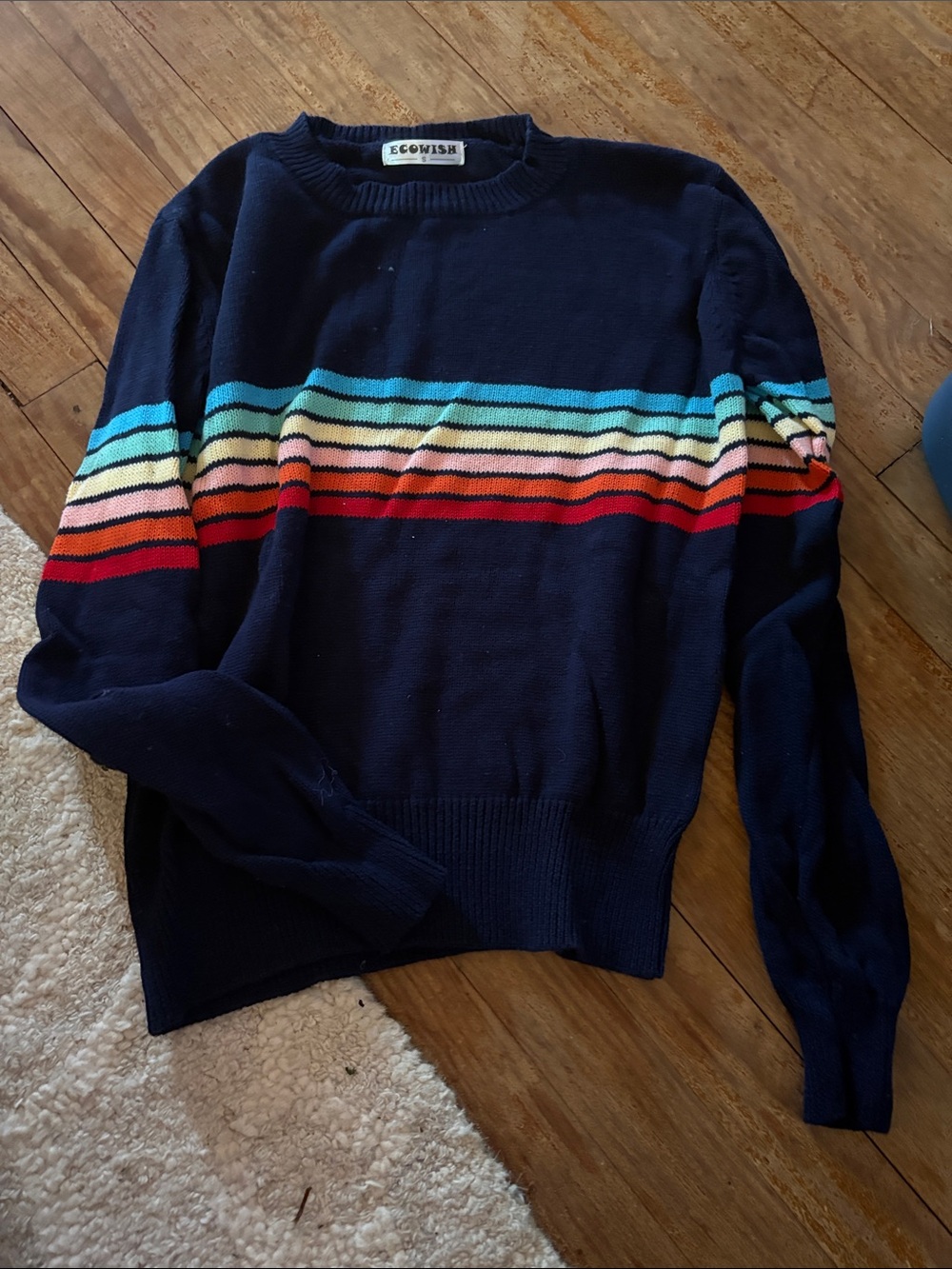 EcoWish Navy Crewneck Sweater with Multicolor Stripes